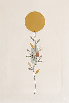 Dessin au trait minimaliste d'une feuille botanique abstraite de style milieu du siècle, avec un soleil géométrique doré et des formes aux tons pastel doux
