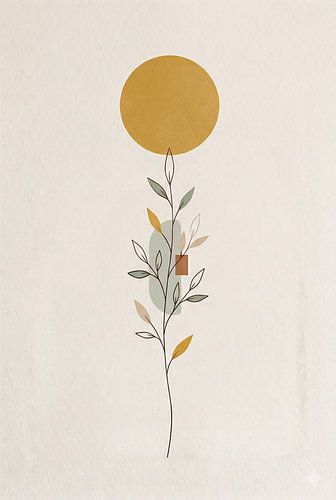 Minimalistische, abstrakte Blatt-Strichzeichnungen im Mid-Century-Stil mit geometrischer goldener Sonne und sanften Pastellformen