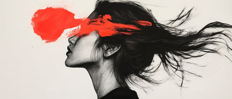 Schwarz-Weiß Porträt mit rotem Akzent von Poster Art Shop