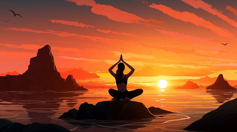 Silhouette de femme faisant du yoga sur la plage au coucher du soleil par Animaflora PicsStock