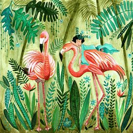 Roze flamingo in groene jungle van Caroline Bonne Müller
