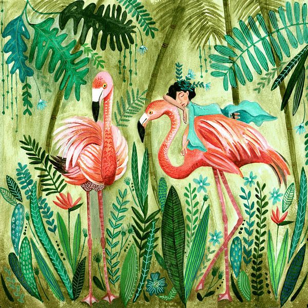 Flamant rose dans la jungle verte par Caroline Bonne Müller