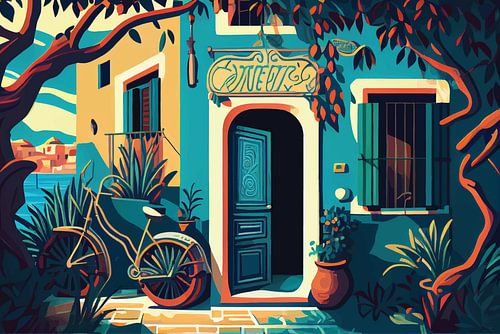 Illustratie van de voordeur van een herenhuis,