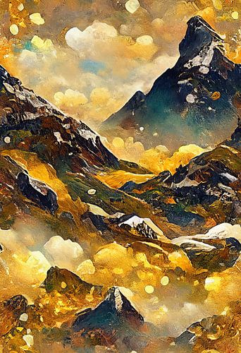 An Alpine mountain landscape in the style of Gustav Klimt