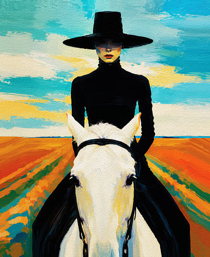 Une femme en noir sur un cheval blanc – Portrait dramatique en plein air