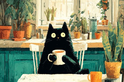 Zwarte kat met een kopje aan de keukentafel