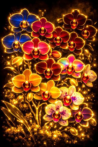 Leuchtende Regenbogen‑Orchideen im goldenen Zauber