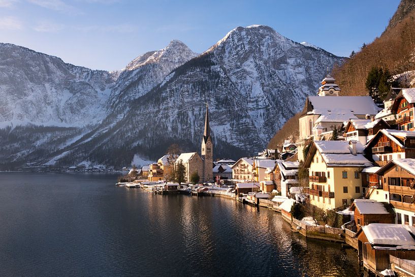 Hallstatt town in Austria with snow in winter by iPics Photography