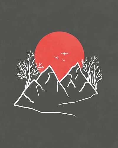 Abstrakte Landschaft mit einer roten Sonne, Vögeln, Berge und Bäume
