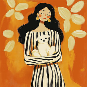 Frau mit Hund | Moderne illustrative Kunst in warmen Erdtönen