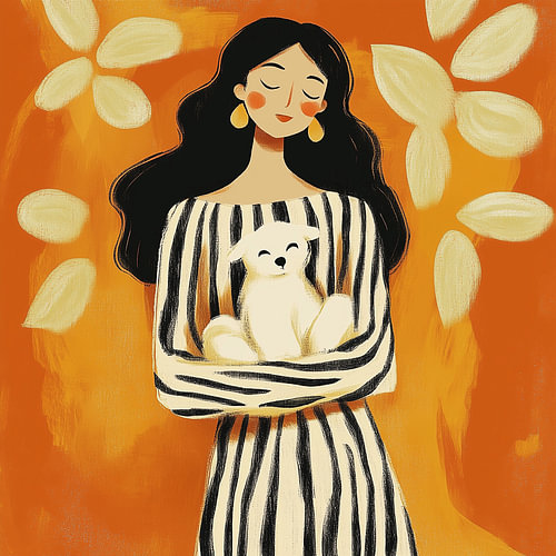 Frau mit Hund | Moderne illustrative Kunst in warmen Erdtönen