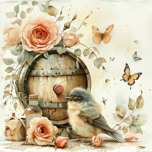 chiens-chats-oiseaux-vin-tonneau-papillons-fleurs