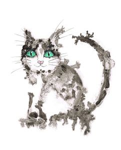 Chat noir et blanc à l'encre humide