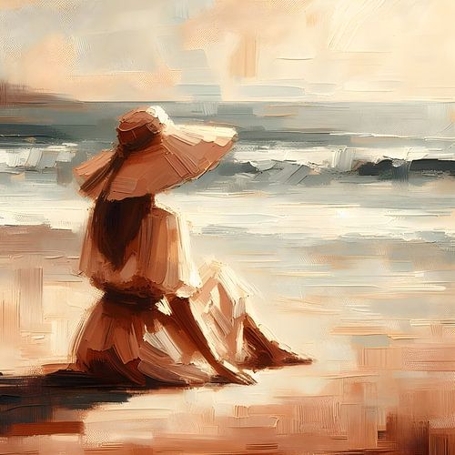 Zittend op het Strand, vrouw met hoed