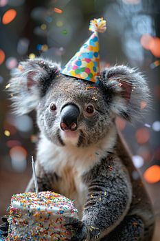Lustiges Koala in Partyhut Feiert Geburtstag mit Kuchen