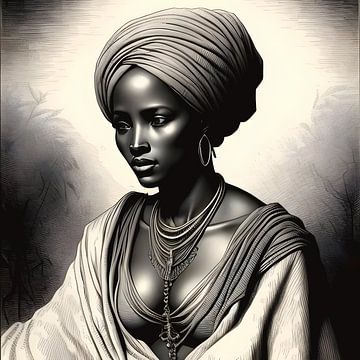 Ets Afrikaanse vrouw met hoofddoek in natuur landschap van All Africa
