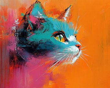 Zomer Kat Turquoise | Kat Kleurrijk van Abstract Schilderij