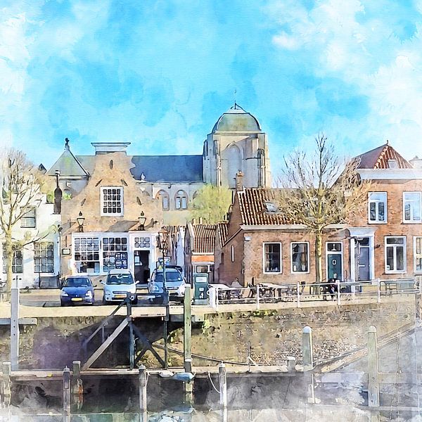 Aquarelle du port et de la grande église de Veere, Zélande par Danny de Klerk