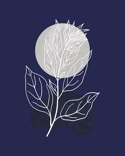 Abstract landschap in nachtblauw, zilver en wit