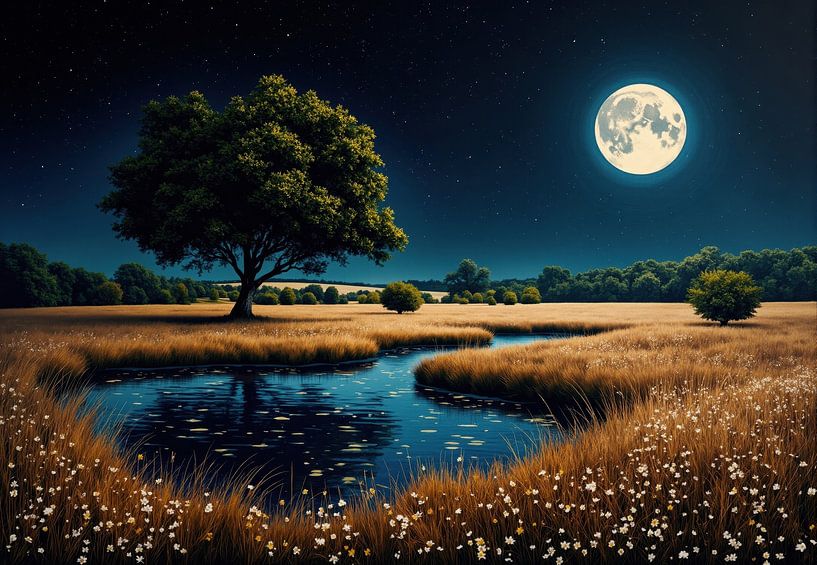 Nächtliche Landschaft mit Eichenbaum, Bach und Vollmond von Markus Gann