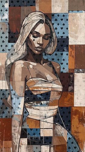 Expressief kunstwerk ruitenvrouw - portret vrouw met warme kleuren