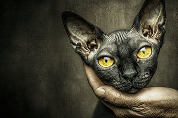 Gouden blik | Dramatisch Sphynx Kat Portret in de Hand van Karina Brouwer