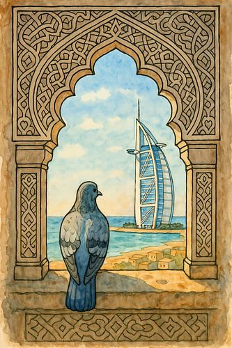 Duif bij islamitisch raam met Burj Al Arab uitzicht (AI) (Dubai, aquarel, schilderij, reizen, architectuur, strand, zee)