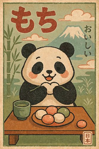 Gelukkige Panda met Mochi - Retro de Illustratie van Japan