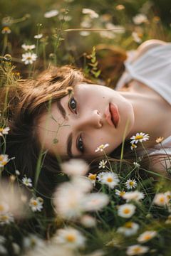 Beauté rêveuse dans un champ de fleurs sur Poster Art Shop