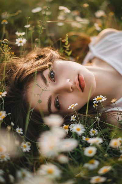 Dromende schoonheid in een veld vol bloemen van Poster Art Shop
