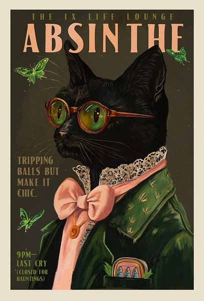 Chic Absinthe Cat Alcohol &amp; Cocktail Bar Art by The Whiskey Ginger