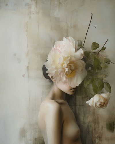 Portret met bloemen in wabi-sabi stijl