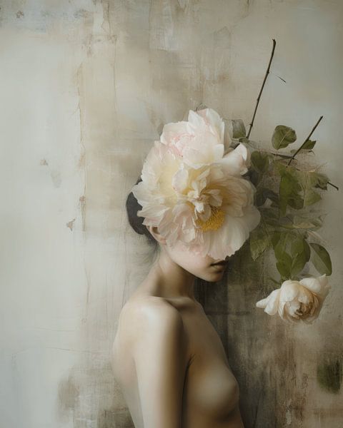 Portret met bloemen in wabi-sabi stijl van Carla Van Iersel