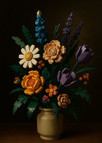Still life building blocks, colourful field bouquet