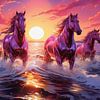 chevaux surréalistes dans l'eau au coucher du soleil sur Jörg B. Schubert