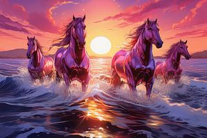 chevaux surréalistes dans l'eau au coucher du soleil