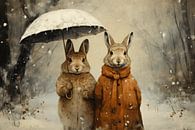 Zwei Hasen in einer Winterlandschaft von Carla Van Iersel Miniaturansicht