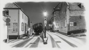 Elsloo in de avond in de winter met sneeuw in houtskool