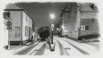 Elsloo in de avond in de winter met sneeuw in houtskool