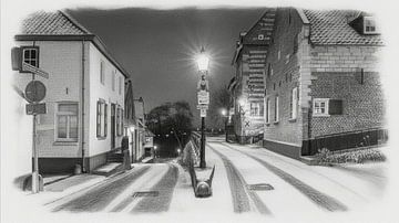 Elsloo am Abend im Winter mit Schnee in Holzkohle