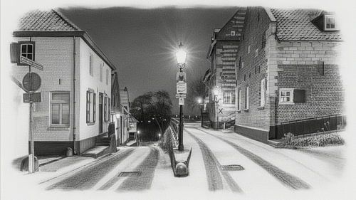 Elsloo in the evening in winter with snow in charcoal