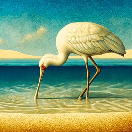 Löffler am Strand | Warme Küstenkunst für eine sommerliche Wand von KRAB