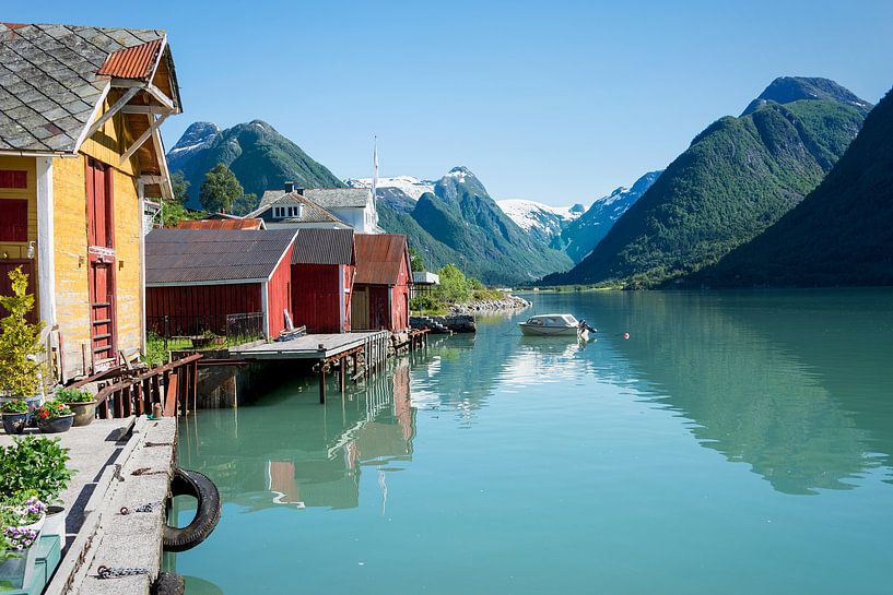 Fjord, mountains, boathouse and reflection in Norway by iPics Photography
