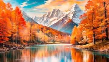 Landscape painting with lake by Mustafa Kurnaz