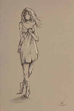 Taupe kleur potlood schets vrouw in nacht japon