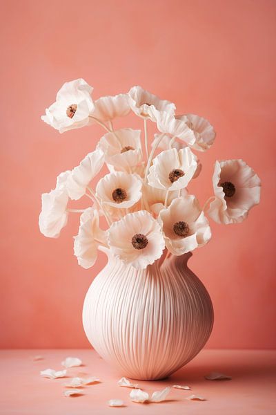 White Poppy On Coral Background by Treechild