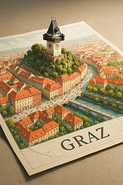 Graz Uhrenturm Schlossberg 3D Karte - Steiermark Hauptstadt Wandkunst von Travel Shop