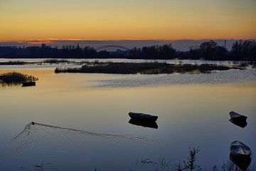 Hochwasser Ooijpolder mit Booten und Ente in der untergehenden Sonne von Machiel Zwarts