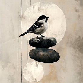 Bovenop de steen - Japandi vogel met zon van Marianne Ottemann - OTTI