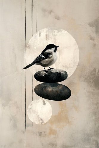 Bovenop de steen - Japandi vogel met zon